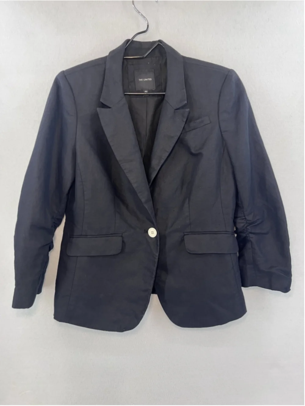 The Limited Blazer Button Front Ruched Sleeve Black Peak Collar Woman Size M